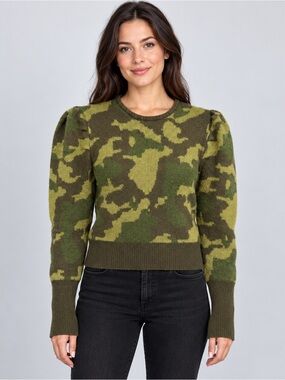 VENUS Olive & Moss Green Camo Puff-Sleeve Sweater